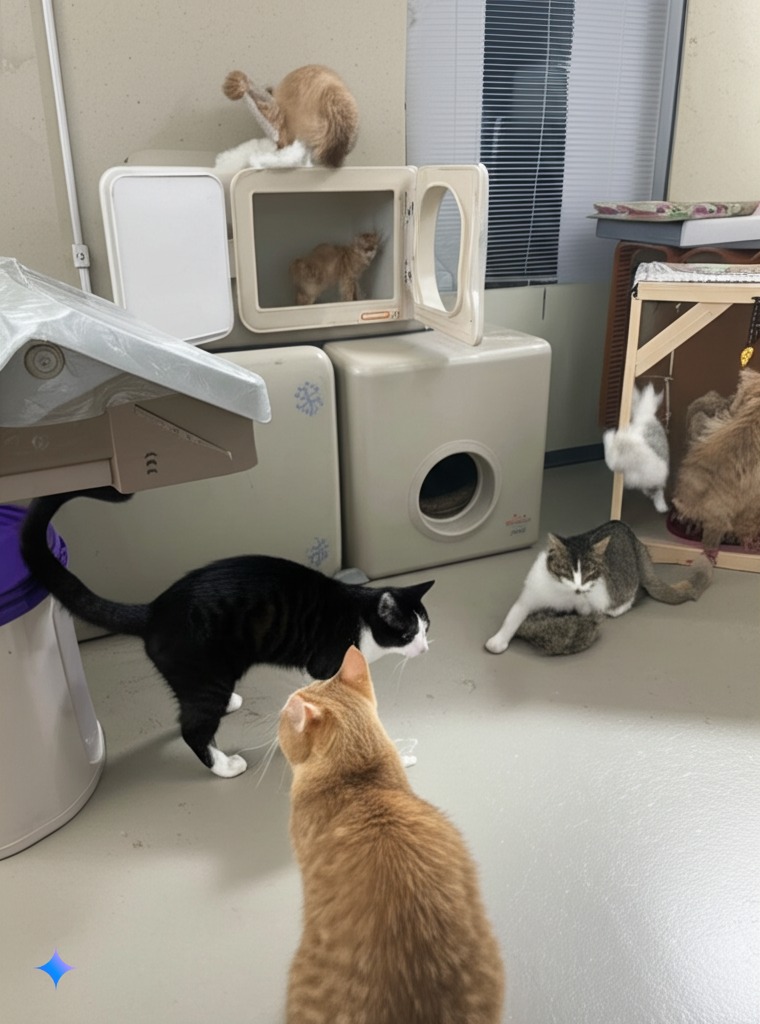 Cats playing in a clean and hygienic environment