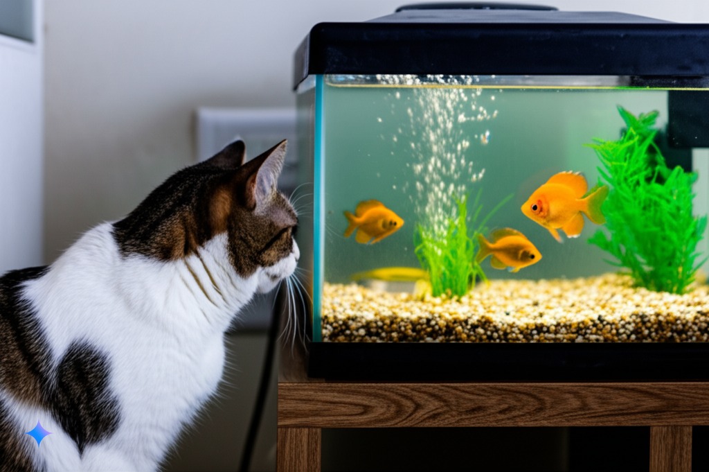  A cat sitting next to a fish tank, gazing curiously at the fish swimming inside.