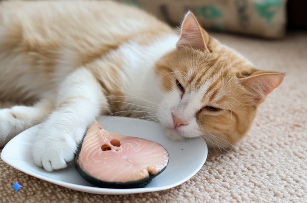 A happy cat lounging after a satisfying meal of fish, embodying contentment.