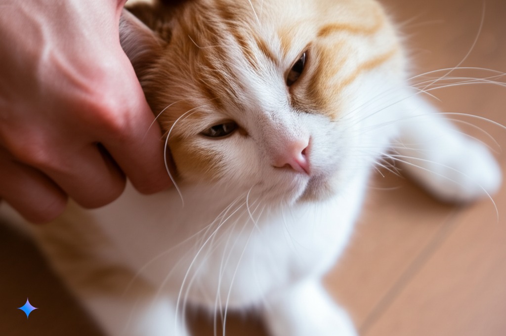 A close-up of a person gently petting a cat, showing a relaxed interaction.