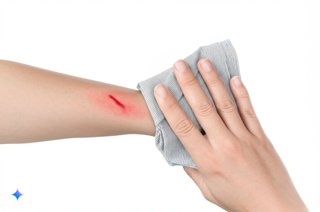 Apply pressure to the bleeding scratch with a clean cloth