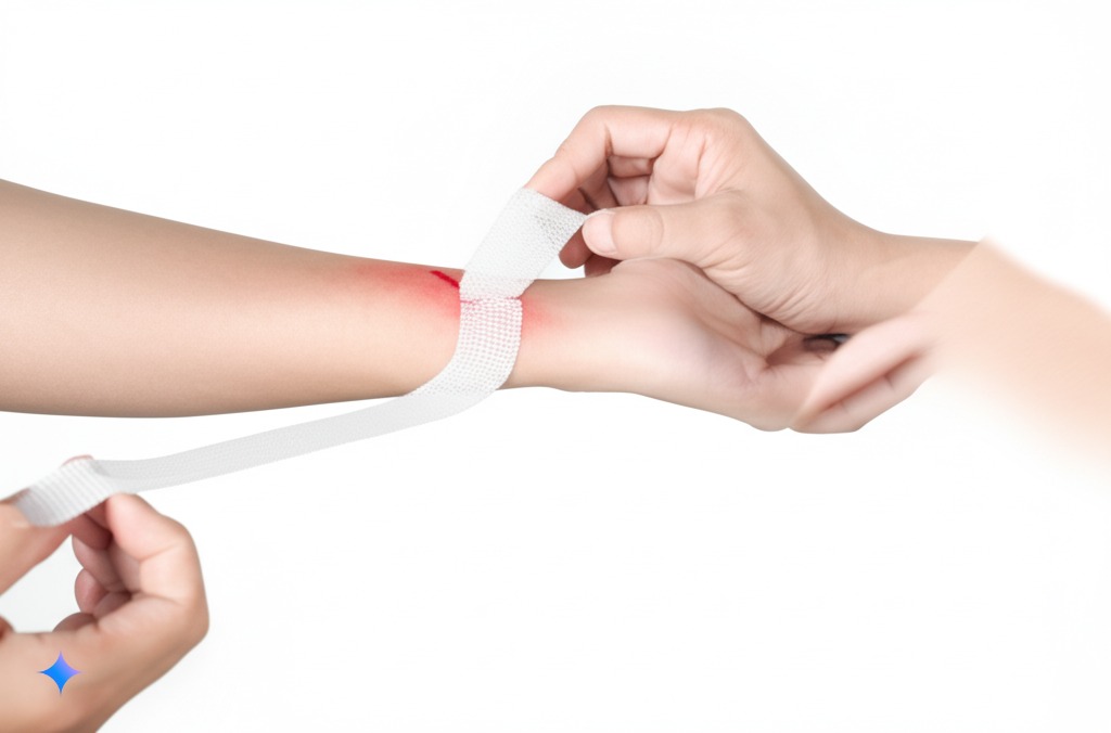 A bandage being applied to a scratch