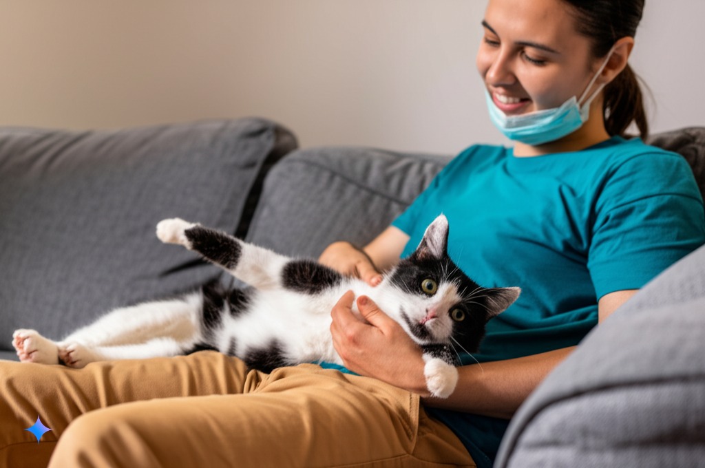 A happy cat lounging with its owner