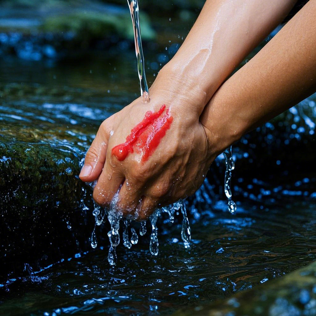A person washing a scratch under running water