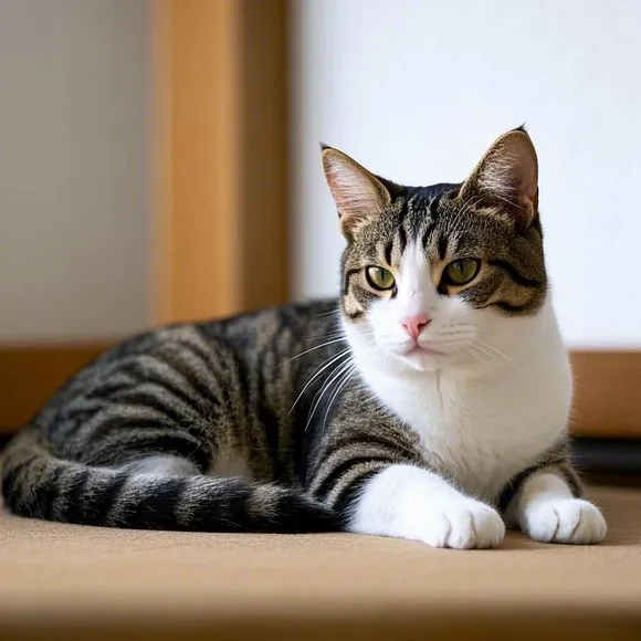 A calm female cat lounging comfortably