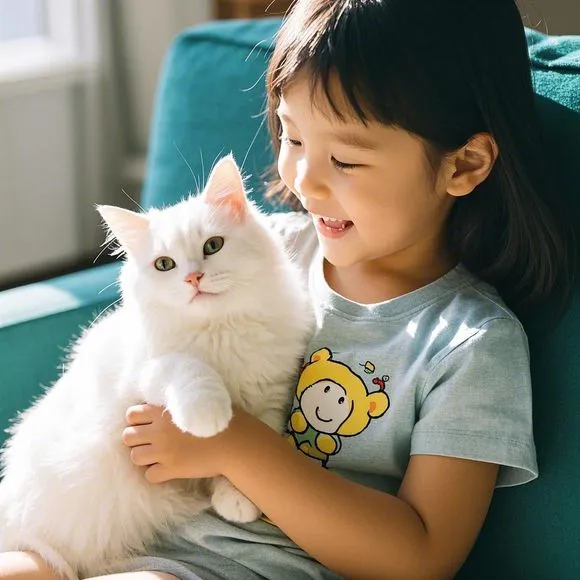 The cat and the child stay quietly