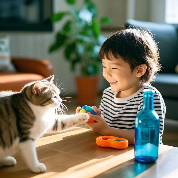 Children playing with cats