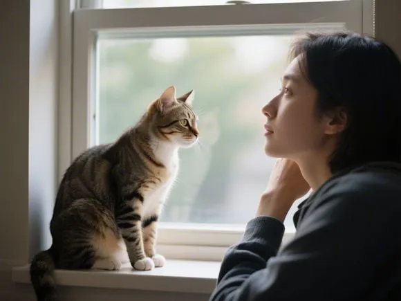 A calm, empathetic-looking cat sitting quietly beside a person who is looking thoughtfully out a window.
