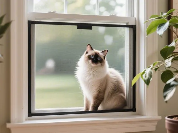 A secure window screen ensuring indoor cat safety