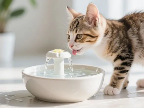 A cute kitten drinking fresh water from a clean ceramic bowl or a pet water fountain.