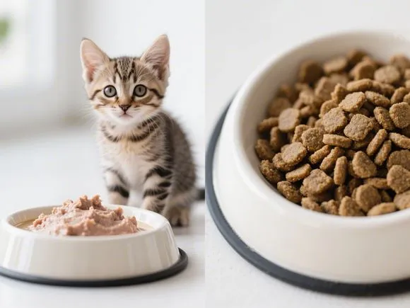 Comparison shot showing a bowl of wet kitten food next to a bowl of dry kitten kibble, with a healthy, playful kitten nearby.