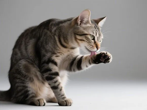 A sleek cat meticulously grooming its paw, highlighting its cleanliness and independence.