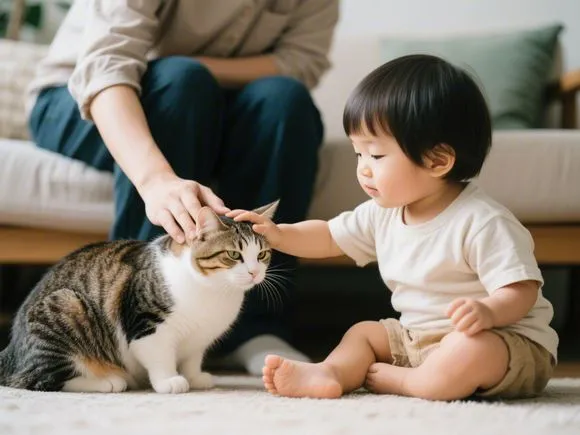 A young child gently and respectfully petting a calm family cat under adult supervision.