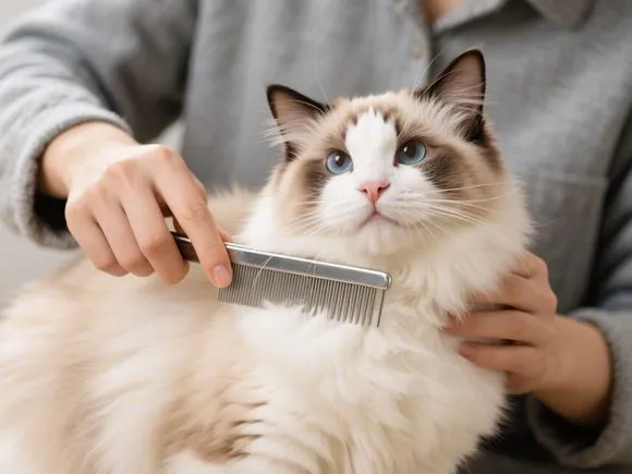 A person gently grooming a Ragdoll cat with a steel comb