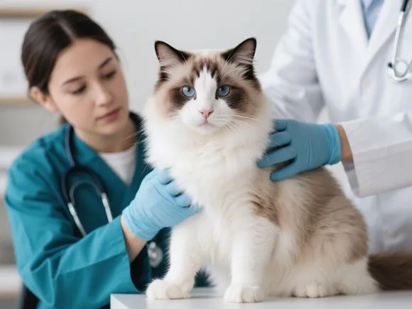 A calm Ragdoll cat being examined by a veterinarian