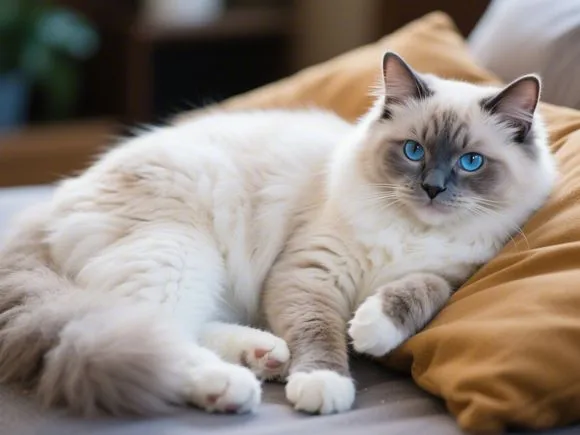A beautiful blue-eyed Ragdoll cat lounging comfortably