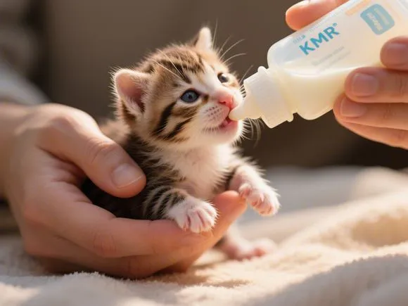 Close-up of a tiny newborn kitten being carefully bottle-fed Kitten Milk Replacer (KMR) by gentle hands, warm lighting.