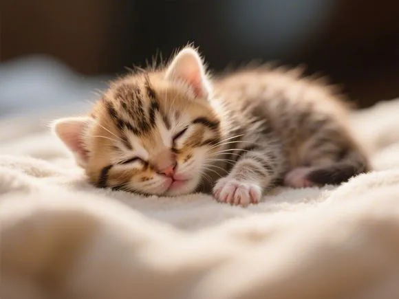 Adorable tiny newborn kitten sleeping soundly, emphasizing vulnerability and the need for proper care. Photorealistic, warm lighting.