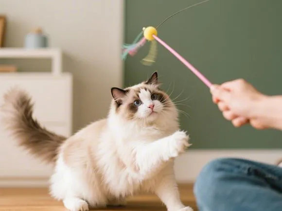 A Ragdoll cat playfully batting at a wand toy held by its owner