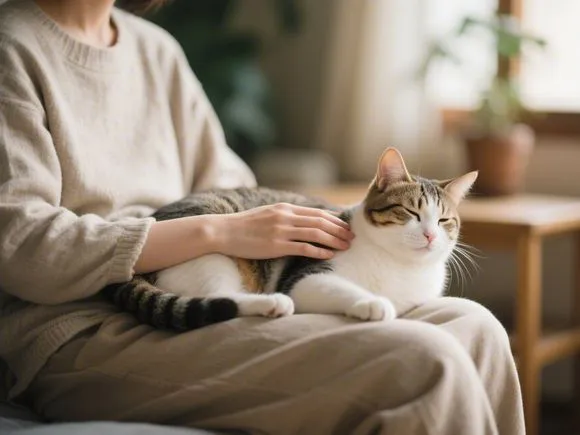 A person sitting calmly, petting a relaxed cat on their lap. A subtle visual cue, like soft focus or warm tones, indicates relaxation.