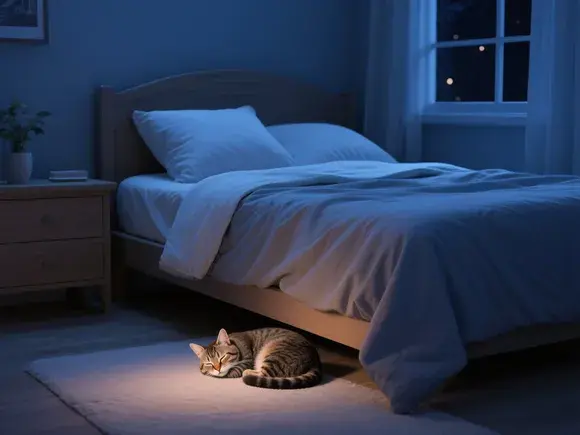 A peaceful bedroom scene at night. A cat is curled up asleep at the foot of the bed.
