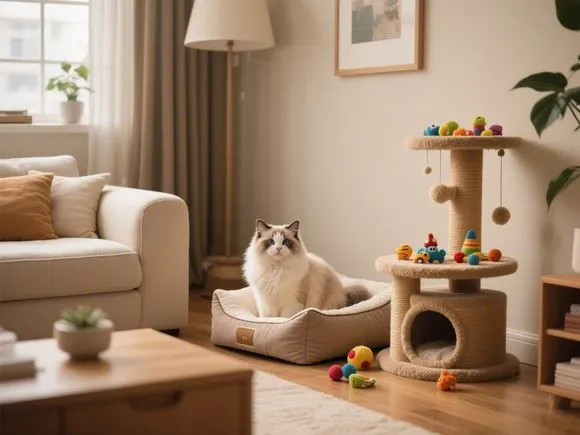 A cozy living room corner set up for a cat with a bed, cat tree, and toys