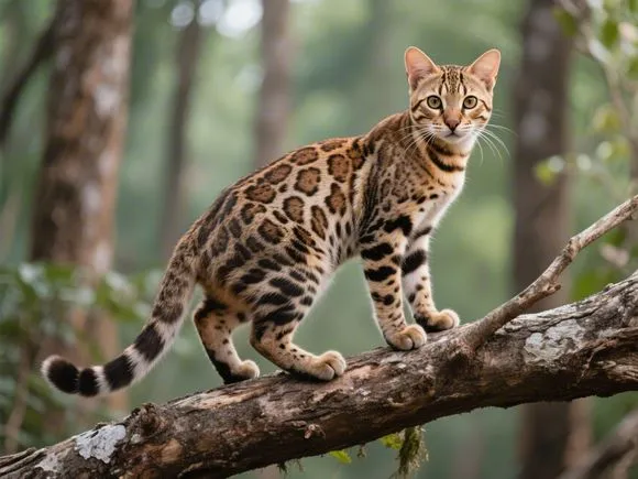 Close-up of a Rusty-Spotted Cat, the world's smallest cat, peeking through foliage