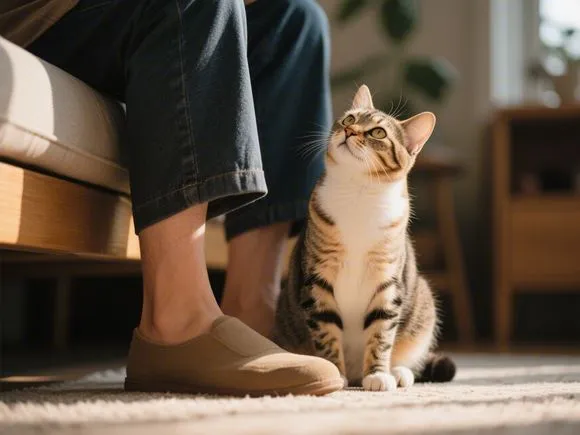 Contemplative cat near owner's feet.