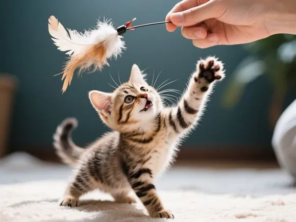 A playful kitten energetically batting at a dangling feather toy held by an unseen person.