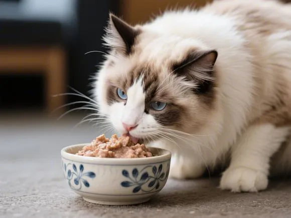 A Ragdoll cat eating wet food from a ceramic bowl
