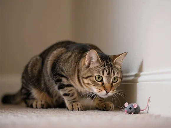 An alert cat crouched low, intently watching a toy mouse or a spot in the corner, showcasing its hunting instinct.