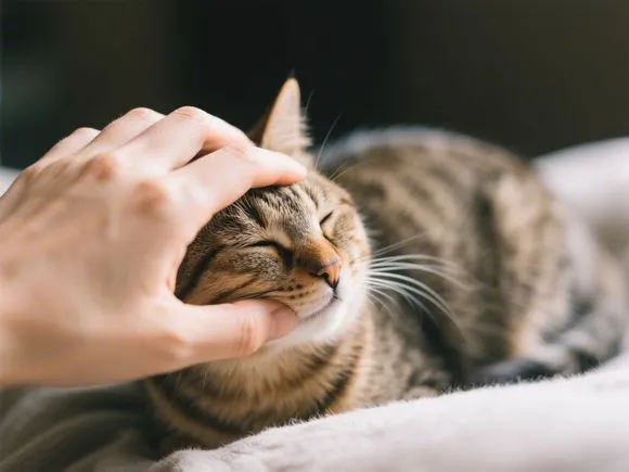 Close-up shot of a person's hand gently stroking a purring cat's fur. The cat looks content and relaxed.