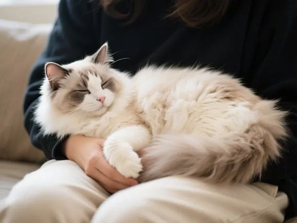 A Ragdoll cat relaxing peacefully on a person's lap