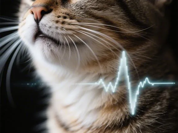 Close-up on a cat's throat area, perhaps with subtle, abstract sound wave graphics emanating, indicating a purr.