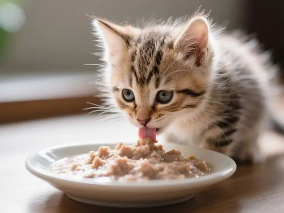 Cute fluffy kitten tentatively licking a wet food gruel mixture from a shallow dish. Soft focus background.