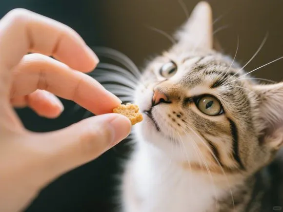 A small, healthy kitten treat being offered from a person's hand to a kitten.