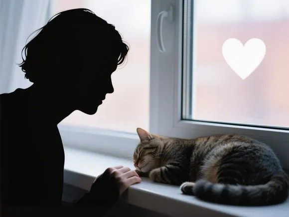 A heartwarming, slightly artistic shot – perhaps a silhouette of a person and cat looking out a window together, or a gentle hand resting near a sleeping cat – symbolizing the human-animal bond.
