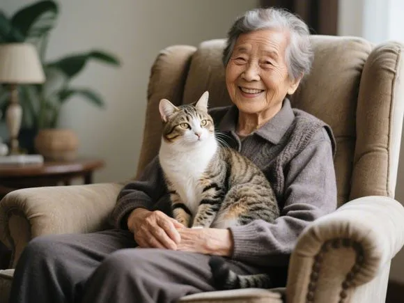 An elderly person sitting in a comfortable chair, smiling warmly as a cat sits attentively on their lap.