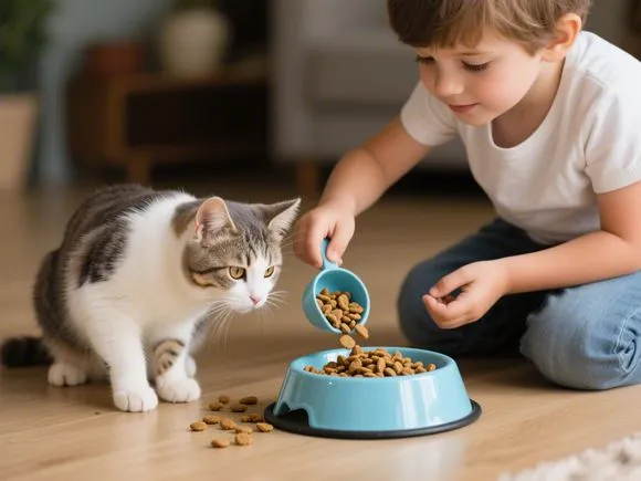 A child carefully scooping kibble into a cat's food bowl, demonstrating responsible pet care.