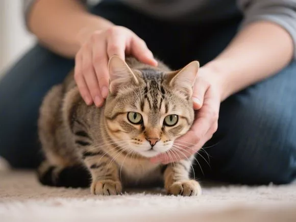 A graphic or photo illustrating signs of stress in a cat (e.g., flattened ears, wide eyes, crouching low). OR a photo of a person gently reassuring or petting their cat, emphasizing the bond of trust.