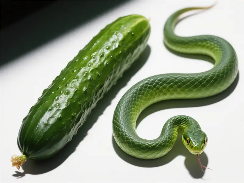 A photo comparing the shape and color of a cucumber to that of a generic green snake.